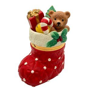 PartyLite Christmas Teddy Bear Hinged Gift Box Stocking Toys Trinket Keepsake